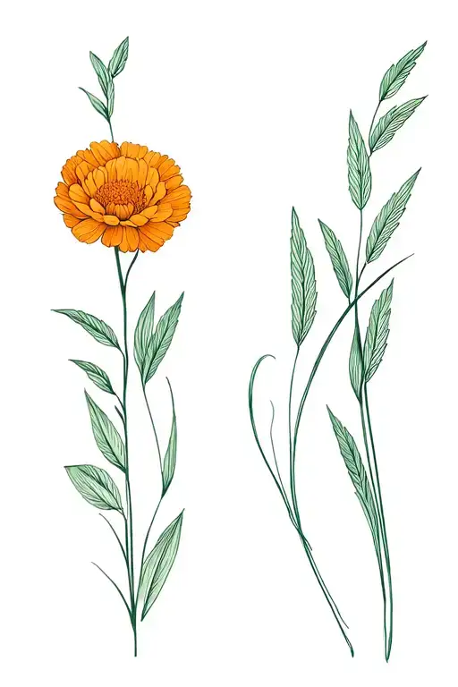 fine line marigold and American dune grass one of each  tattoo design idea