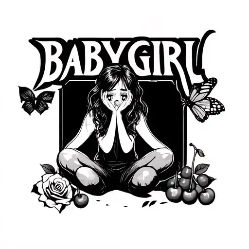 Outline of girl crying on knees underneath words in prison font saying "babygirl" with a rose, cherries and a butterfly tattoo design idea