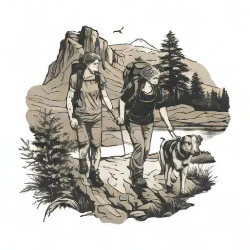 A mother and child hiking through the Lake District with their dog by their side tattoo design idea
