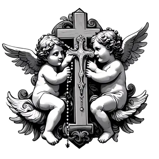 cherubs holding a cross with a rosary tattoo design idea