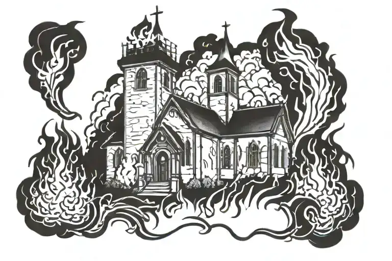 church burning fire tattoo design idea