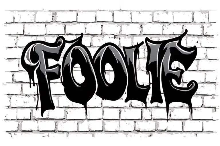 the word "FOOLIE" in old English font lettering in a  graffiti style format on a brick wall  tattoo design idea