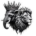 twin flame elephant and lion wearing a crown tattoo design idea