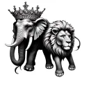 twin flame elephant and lion wearing a crown tattoo design idea