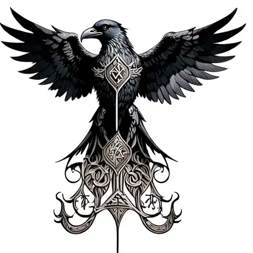 Chest Peice Gothic Norse Raven With Wings Spred Out Under Neck On Chest  like reichsadler, With Runes.  tattoo design idea