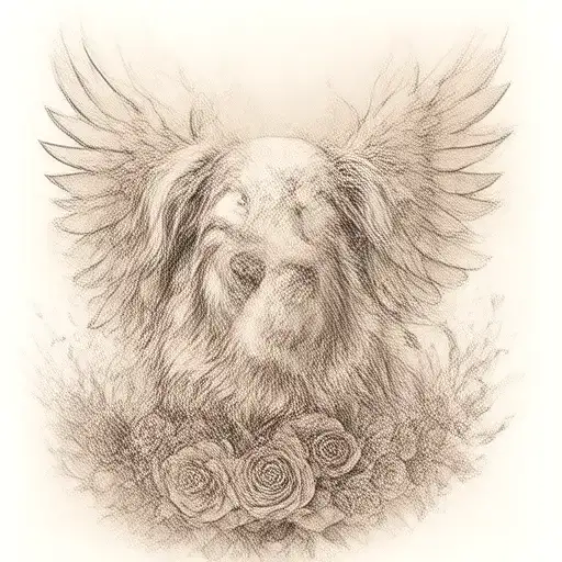 dog memorial tattoo, nova scotia duck tolling retriever with angel wings, and roses tattoo design idea