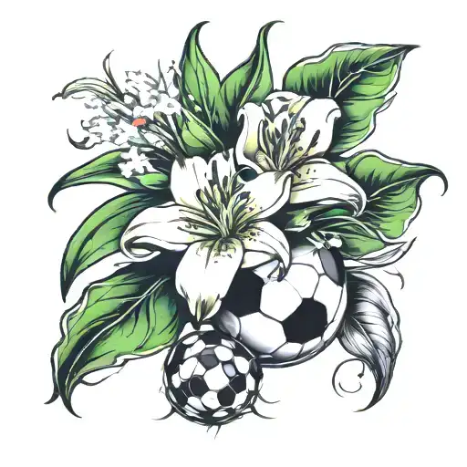 Lily of the walley and a soccer ball morphing tattoo design idea