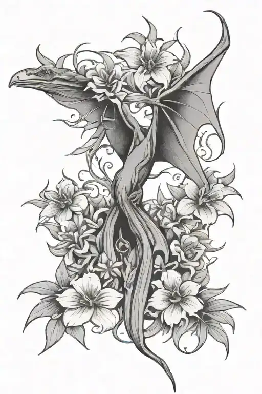 pterodactyl with flowers intertwined tattoo design idea