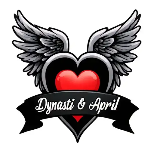 "Dynasti & April" "Dynasti & April" names inside a heart with wings tattoo design idea