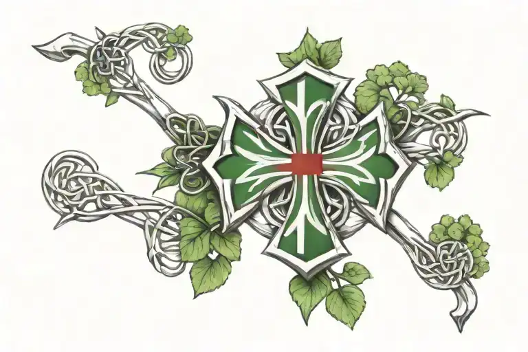 british flag with celtic cross in the middle surrounded by clovers tattoo design idea