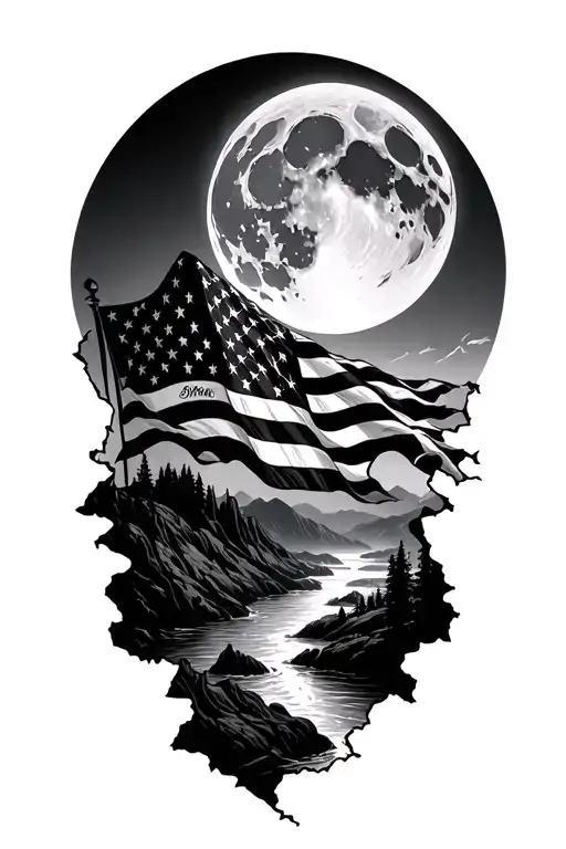 mountain, torn u.s flag, moon light river surrounded tattoo design idea