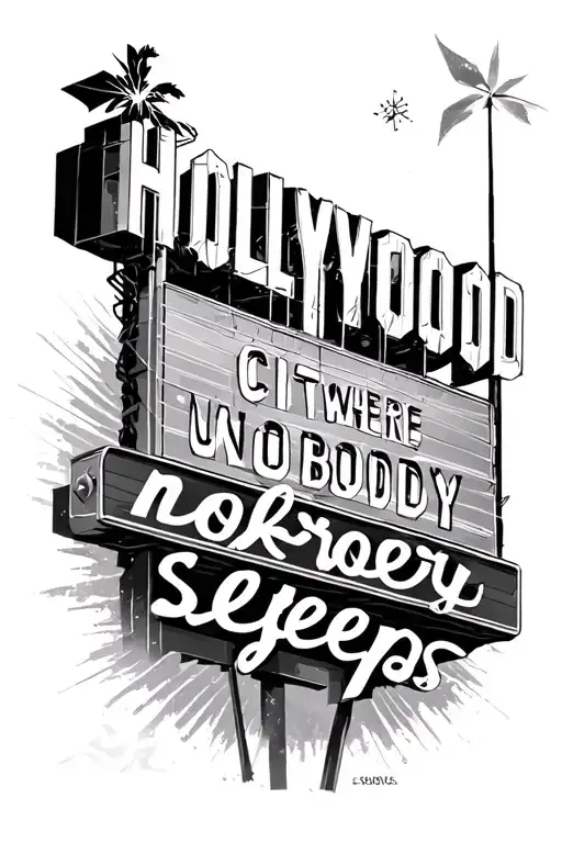 Hollywood Sign with good detail with words in small cursive print underneath "city where nobody sleeps" tattoo design idea