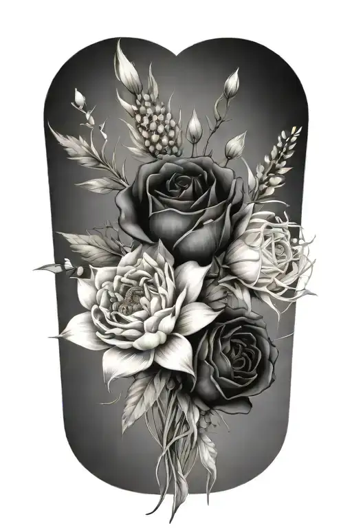 Design a floral tattoo with thistle, roses, cornflowers, shamrock flowers, dafodil  and lily of the valley tattoo design idea