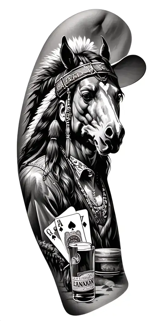 poker, whiskey, cowboys, Indians, saloon, horses blended down the arm tattoo design idea