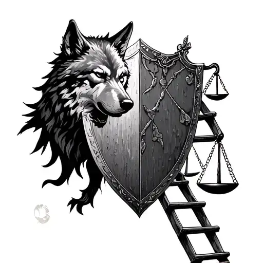 Combine Roman Virgo Allegory , themis scales, ladder, wolf and shield in one idea tattoo design idea