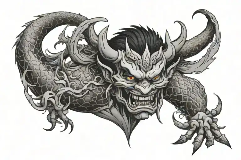 oni mask with a dragon intertwined Yakuza style illustration tattoo design idea