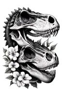 collection of 2 brachiosaurus skulls with sweet pea flowers, tyrannosaurus rex skull with honeysuckle flower, triceratop tattoo design idea