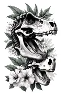 collection of 2 brachiosaurus skulls with sweet pea flowers, tyrannosaurus rex skull with honeysuckle flower, triceratop tattoo design idea