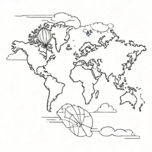 A minimalist outline of a hot air balloon floating over a world map, symbolizing travel and freedom tattoo design idea