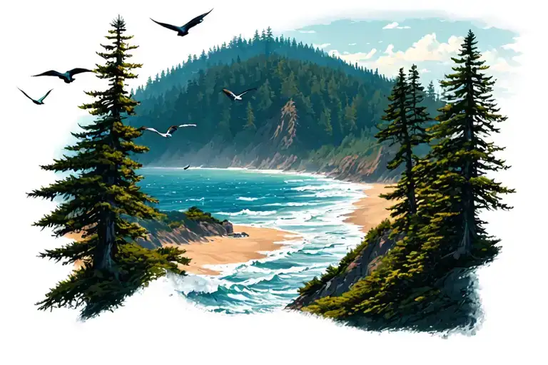 Oregon coast with trees and a road trip and birds flying tattoo design idea