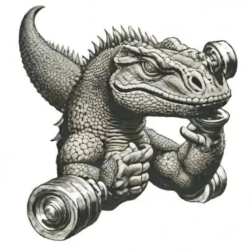 humanized komodo dragon  lifting heavy dumbells tattoo design idea