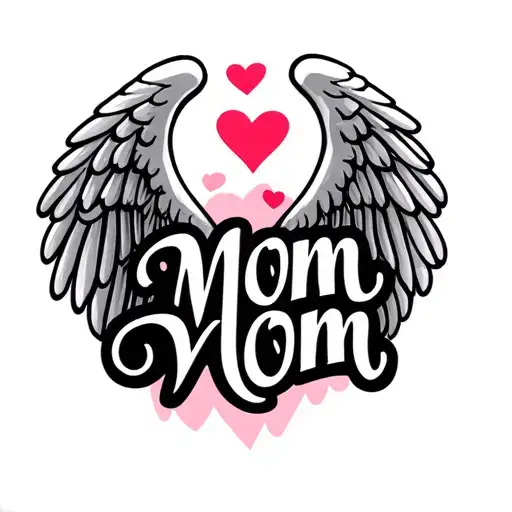 "Mom Mom" "Mom Mom" angel wings around name script font hearts tattoo design idea