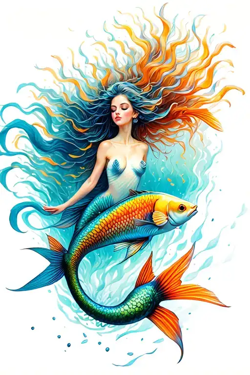A mermaid gracefully swimming among a school of colorful fish tattoo design idea