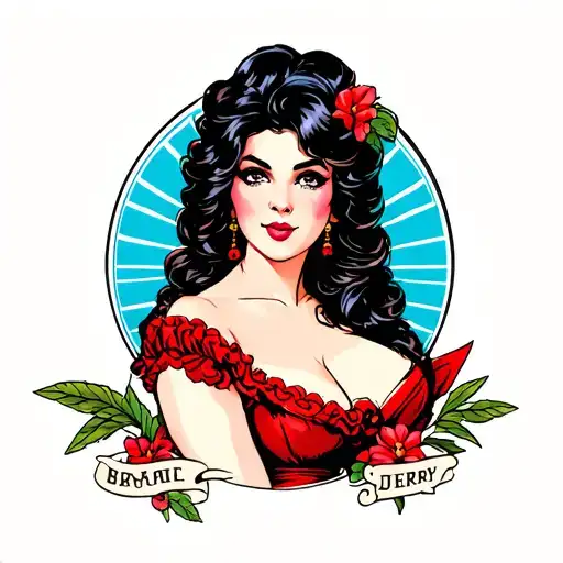 sailor jerry inspired tattoo featuring woman dark hair red dress tattoo design idea