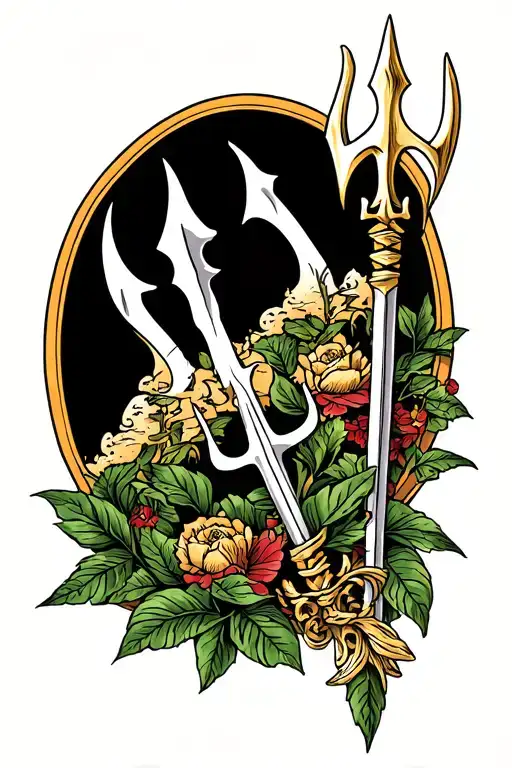 Poseidon's Trident and nature  tattoo design idea