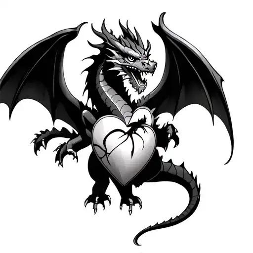 The dragon will be with wings, strong, noble, with good eyes. The wings of the dragon are dissolved, he protects his heart. Heart tattoo design idea