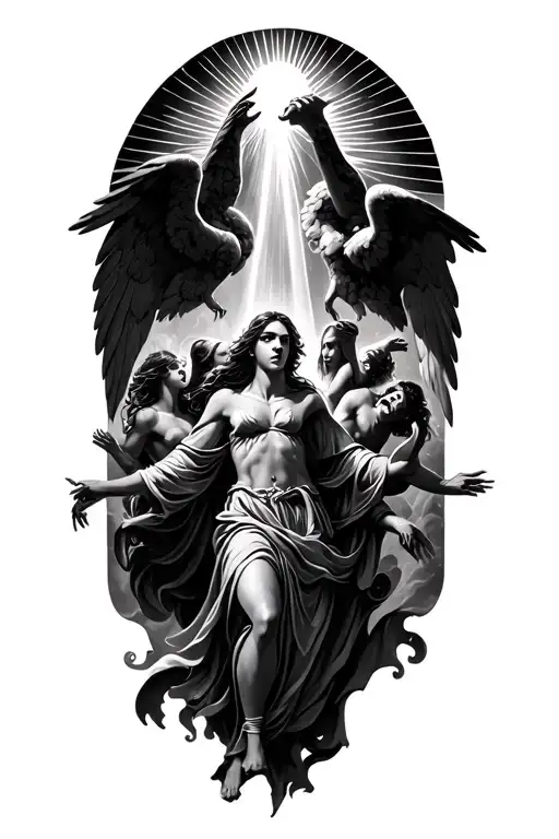 heavens opening with rays and angels killing demons   tattoo design idea