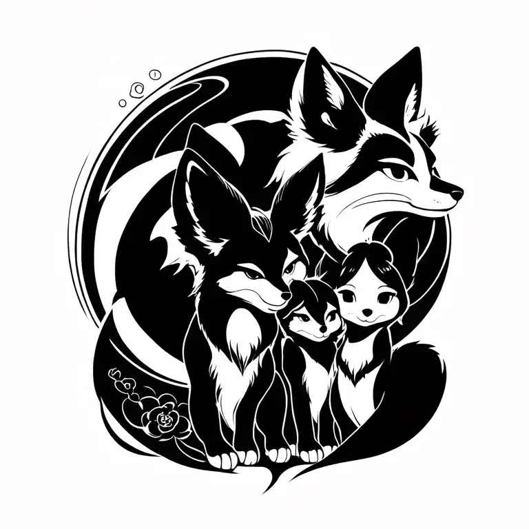Ultra-minimalist black line tattoo of a complete Kitsune fox family (1xfather,1x mother,1x small daughter) cudeling tattoo design idea