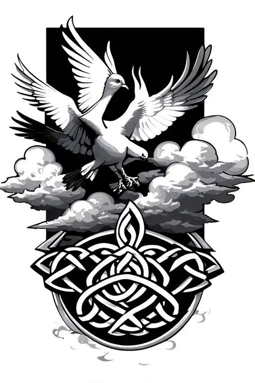 Clouds with one dove and a Celtic band in the clouds and a Celtic fire symbol  tattoo design idea