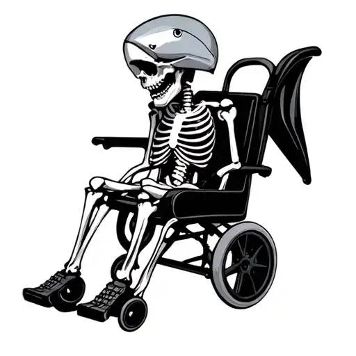 skeleton in wheel chair with shark helmet on  tattoo design idea