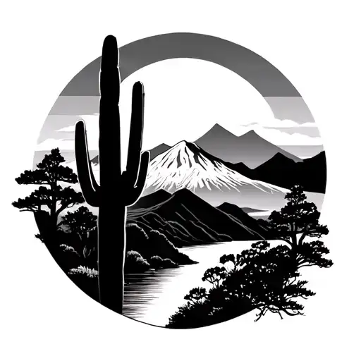 Japanese sunrise with mountains and saguaro cactus in the foreground tattoo design idea