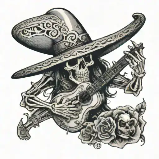 skeleton, playing guitar wearing sombrero with memento mori on brim of sombrero. chicano style. Santa muerte tattoo design idea