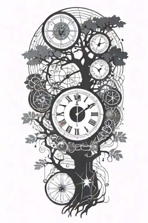 oak tree branches with three round clocks integrated into it for an arm sleeve tattoo design idea