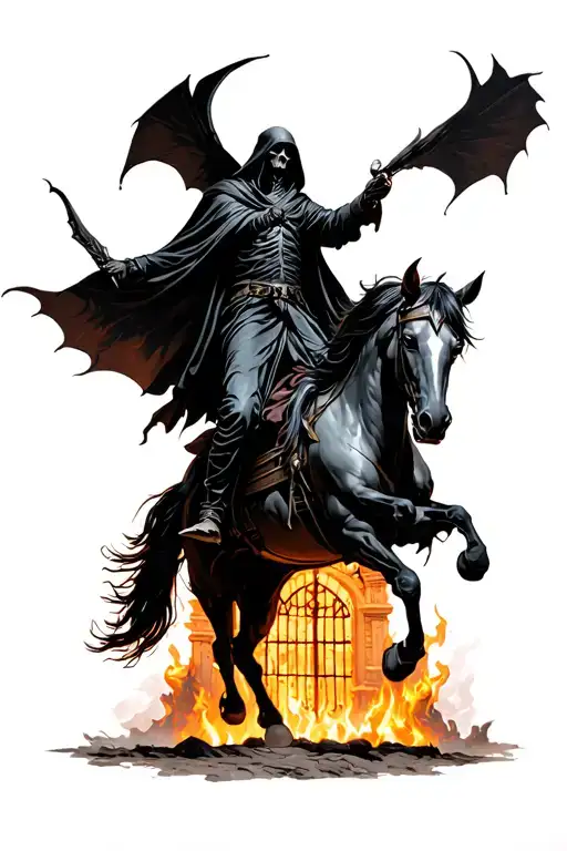 A dark reaper riding on a demonic horse. In the background of the gate of hell and fits, a lot of contrast and light tattoo design idea