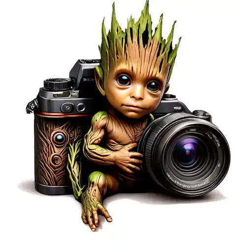 Baby Groot and Camera tattoo design idea