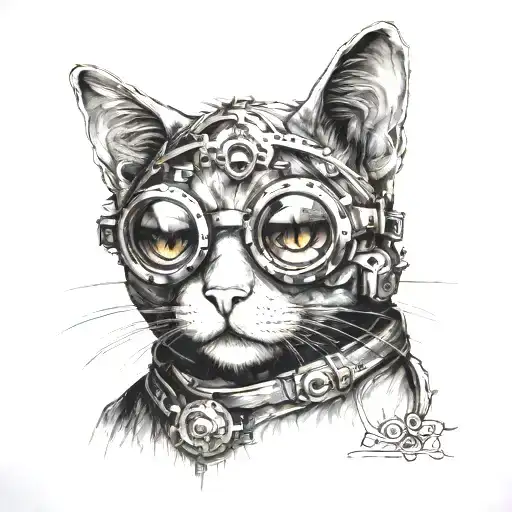 STEAMPUNK CAT WITH GOGGLES TATTOO BLACK WORK LINE WORK SIMPLE LINES WITH SMALL AMOUNT OF SHADING tattoo design idea