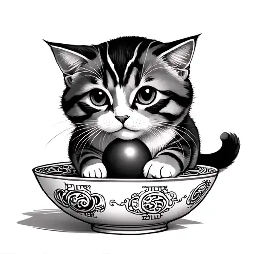A cat playing with a Chinese ball against the background of a noodle bowl tattoo design idea