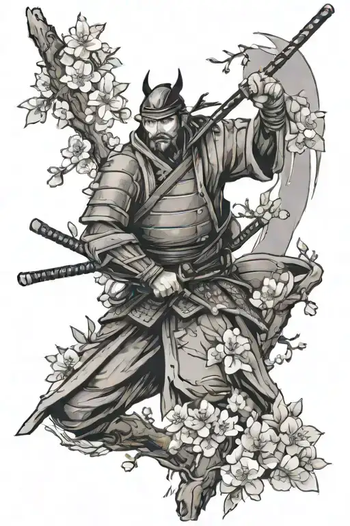 ronin and cherry blossom branches tattoo design idea
