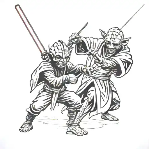 Darth maul and yoda fighting each other with their lightsabers  tattoo design idea