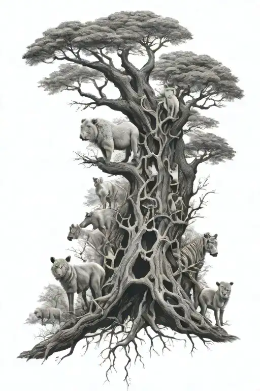 family tree with animals hidden within the branches realism black and white tattoo design idea
