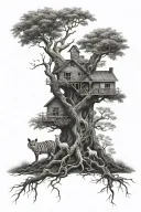 family tree with animals hidden within the branches realism black and white tattoo design idea