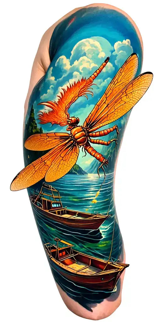 Dragon flies, boats, electrical engineering tattoo design idea