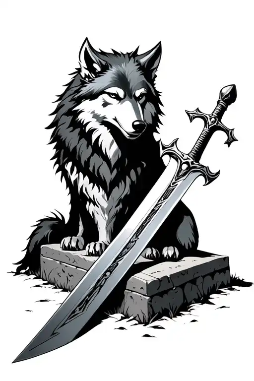 Great wolf Sif resting on artorais' grave with Artorias' great sword and Great shield tattoo design idea