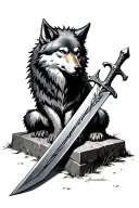 Great wolf Sif resting on artorais' grave with Artorias' great sword and Great shield tattoo design idea