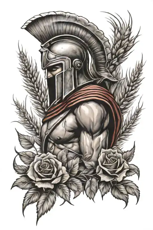 Spartan in wheat field with roses tattoo design idea