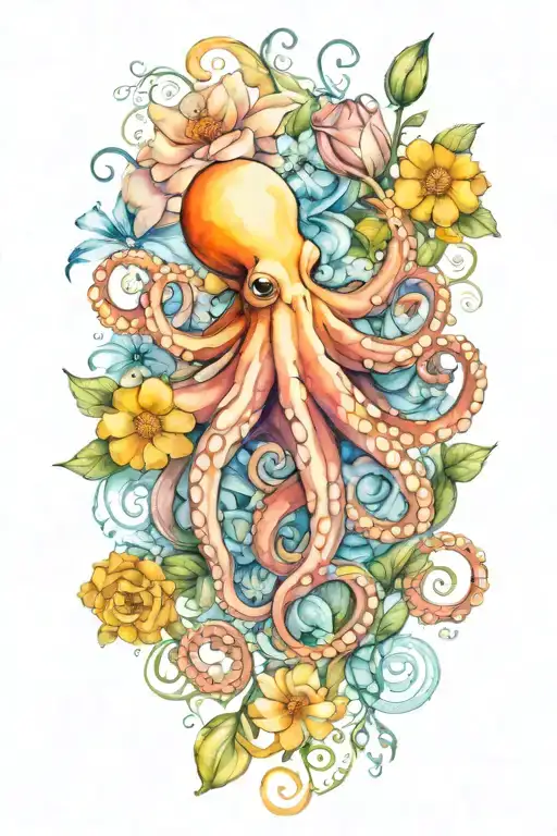 octopus, snowdrop, rose,  marigold flower tattoo design idea